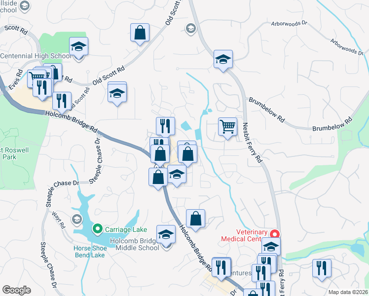 map of restaurants, bars, coffee shops, grocery stores, and more near 2600 Holcomb Bridge Road in Alpharetta