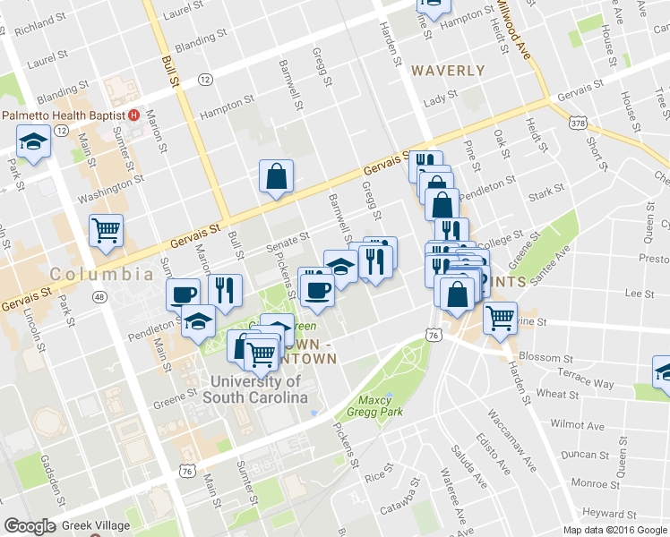 map of restaurants, bars, coffee shops, grocery stores, and more near 998 Henderson St in Columbia