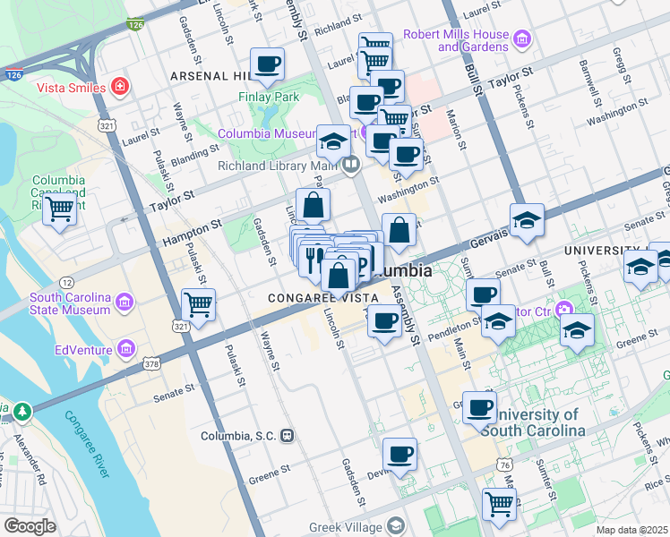 map of restaurants, bars, coffee shops, grocery stores, and more near 1001 Gervais Street in Columbia