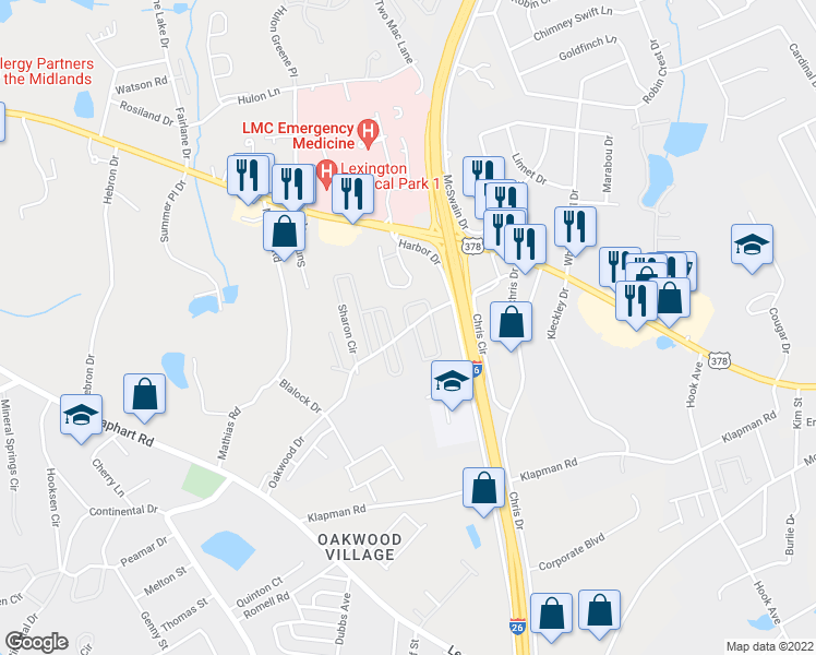 map of restaurants, bars, coffee shops, grocery stores, and more near 29 Rest Haven Drive in West Columbia
