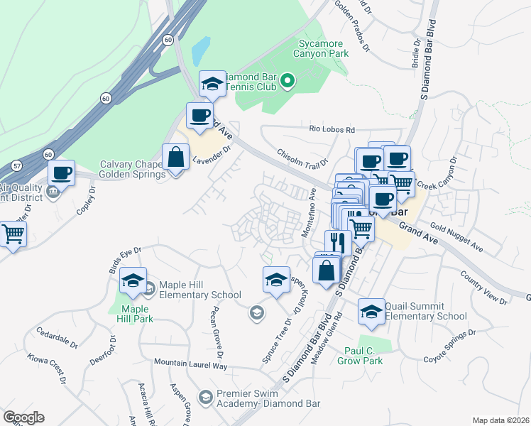 map of restaurants, bars, coffee shops, grocery stores, and more near 22955 Estoril Drive in Diamond Bar