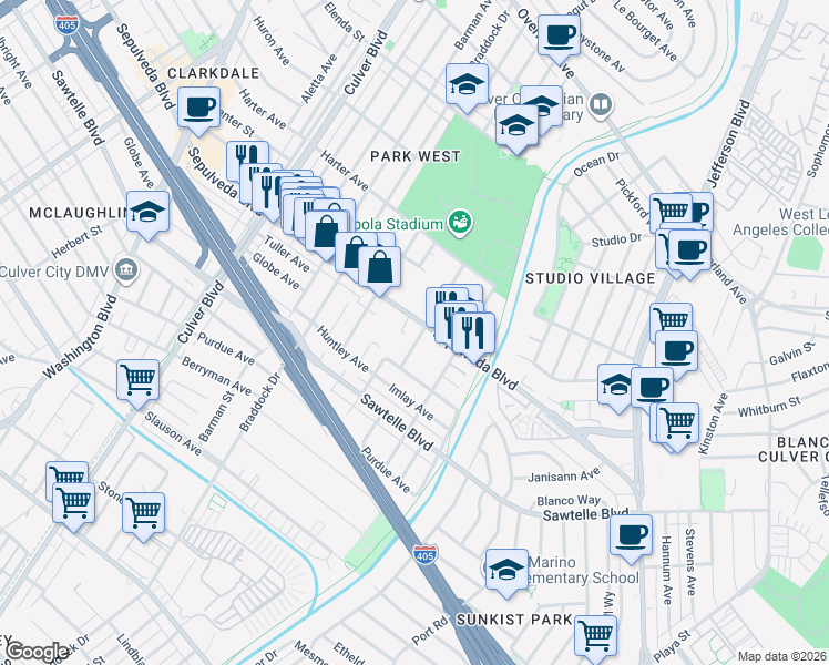 map of restaurants, bars, coffee shops, grocery stores, and more near 11211 Greenlawn Avenue in Los Angeles