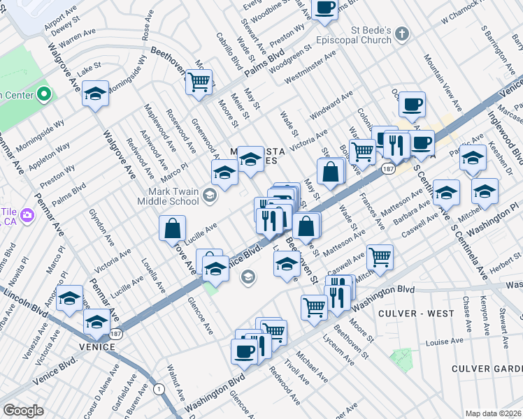 map of restaurants, bars, coffee shops, grocery stores, and more near 12912 McCune Avenue in Los Angeles