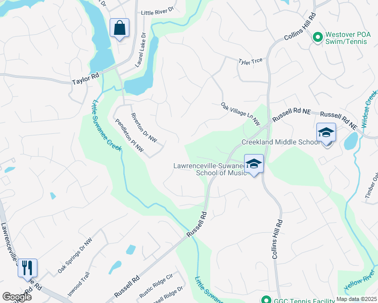 map of restaurants, bars, coffee shops, grocery stores, and more near 563 Russell Road in Lawrenceville