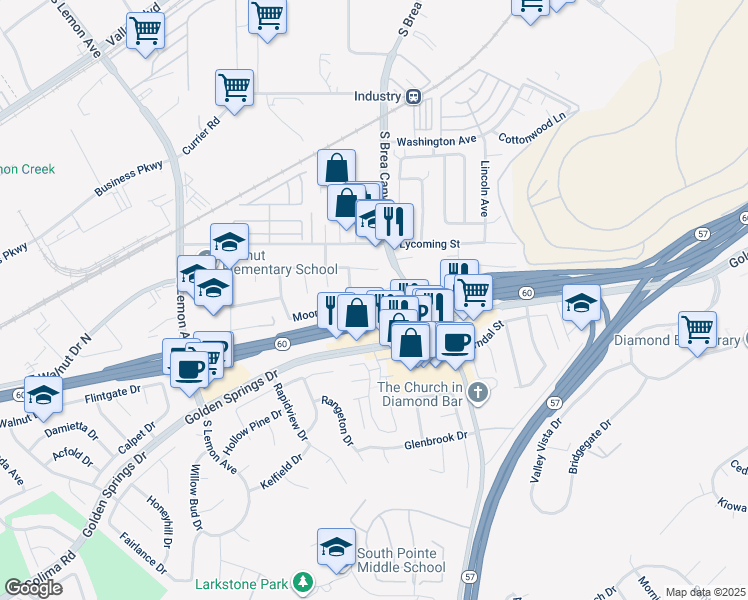 map of restaurants, bars, coffee shops, grocery stores, and more near 20922 Moonlake Street in Walnut
