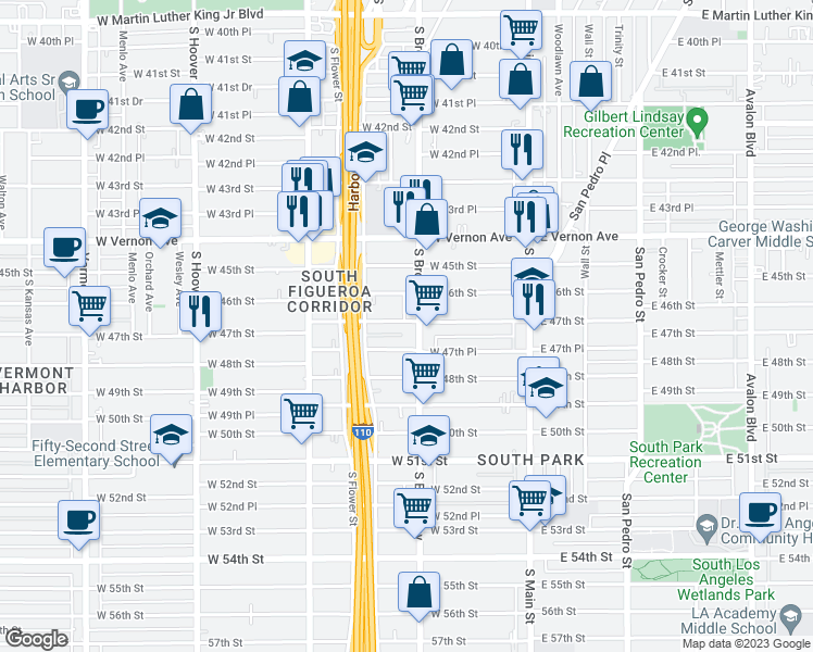 map of restaurants, bars, coffee shops, grocery stores, and more near 4701 South Broadway in Los Angeles