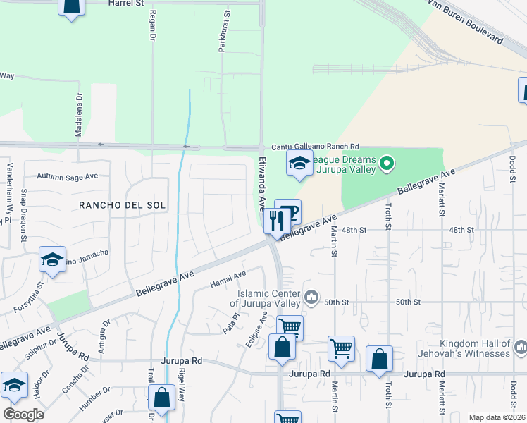 map of restaurants, bars, coffee shops, grocery stores, and more near Etiwanda Avenue in Jurupa Valley