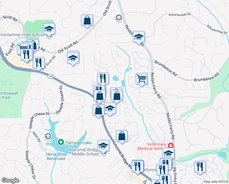 map of restaurants, bars, coffee shops, grocery stores, and more near 2600 Holcomb Bridge Road in Alpharetta