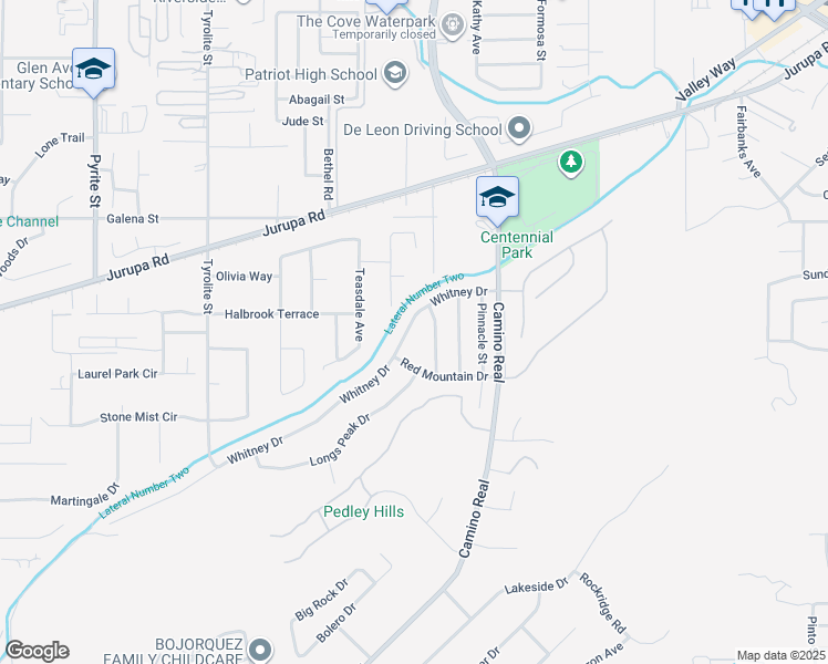 map of restaurants, bars, coffee shops, grocery stores, and more near 7642 Whitney Drive in Riverside