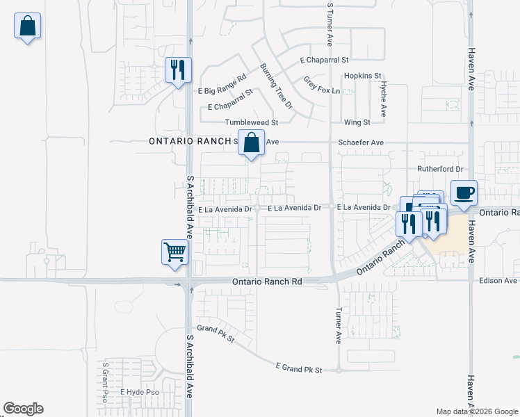 map of restaurants, bars, coffee shops, grocery stores, and more near 2932 East La Avenida Drive in Ontario