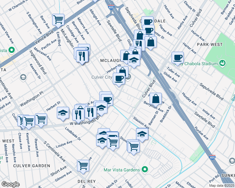 map of restaurants, bars, coffee shops, grocery stores, and more near 4320 Coolidge Avenue in Los Angeles