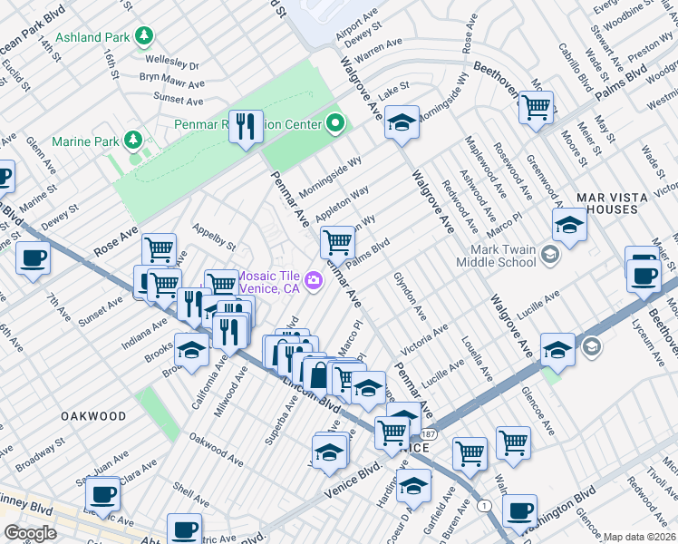 map of restaurants, bars, coffee shops, grocery stores, and more near Palms Boulevard in Los Angeles