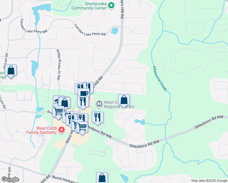 map of restaurants, bars, coffee shops, grocery stores, and more near 5081 Newpark Drive Northwest in Acworth