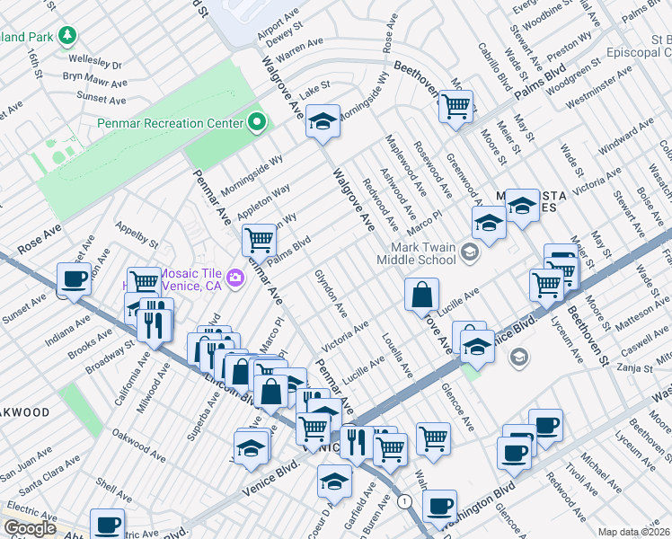 map of restaurants, bars, coffee shops, grocery stores, and more near 2013 Louella Avenue in Los Angeles