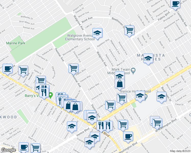 map of restaurants, bars, coffee shops, grocery stores, and more near 2013 Louella Avenue in Los Angeles