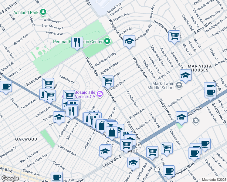 map of restaurants, bars, coffee shops, grocery stores, and more near in Los Angeles