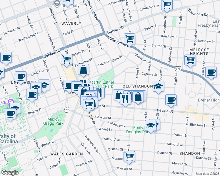 map of restaurants, bars, coffee shops, grocery stores, and more near 806 Heidt Street in Columbia