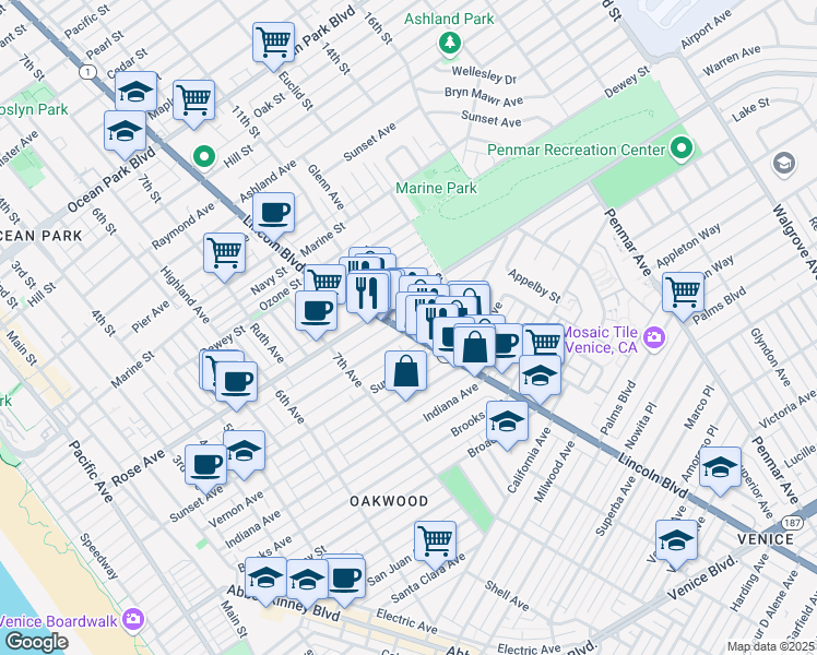 map of restaurants, bars, coffee shops, grocery stores, and more near 323 Lincoln Boulevard in Los Angeles
