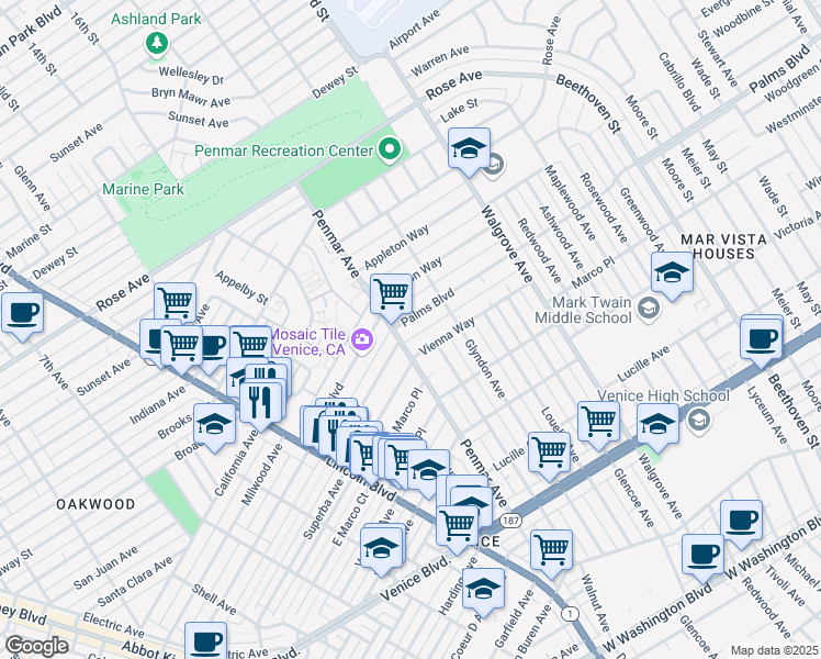 map of restaurants, bars, coffee shops, grocery stores, and more near 1214 Palms Boulevard in Los Angeles