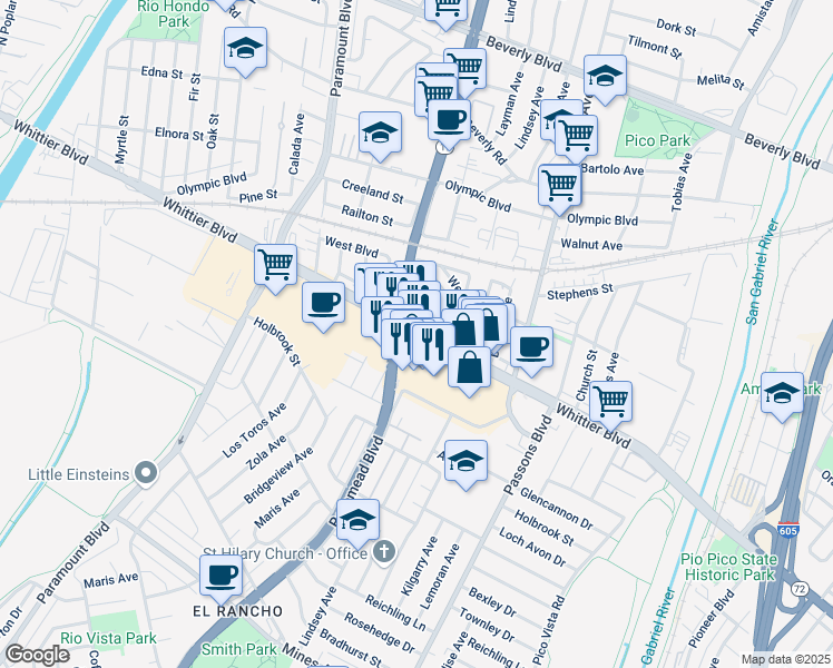 map of restaurants, bars, coffee shops, grocery stores, and more near 9070 Whittier Blvd in Pico Rivera