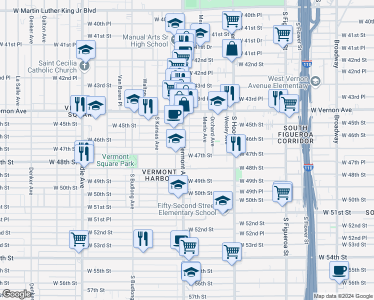 map of restaurants, bars, coffee shops, grocery stores, and more near 4620 South Vermont Avenue in Los Angeles