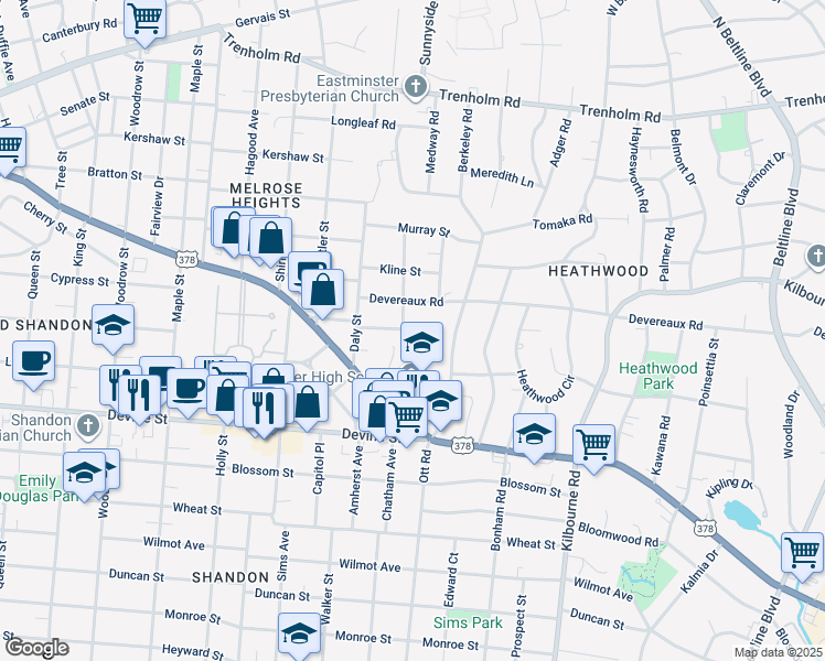 map of restaurants, bars, coffee shops, grocery stores, and more near 1000 Princeton St in Columbia