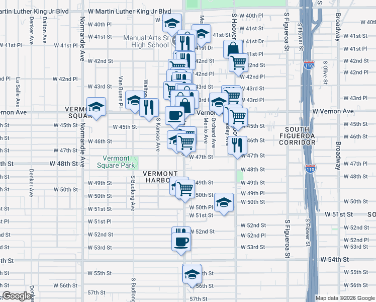 map of restaurants, bars, coffee shops, grocery stores, and more near 4620 South Vermont Avenue in Los Angeles