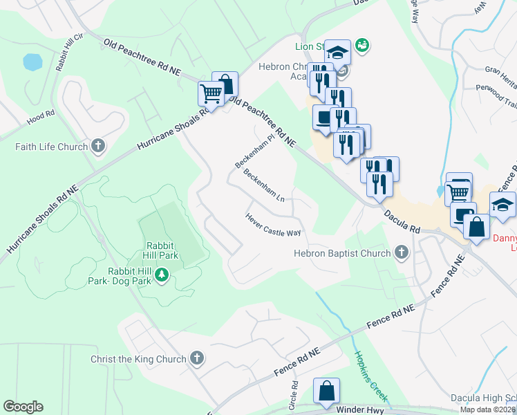 map of restaurants, bars, coffee shops, grocery stores, and more near 2190 Beckenham Place in Dacula