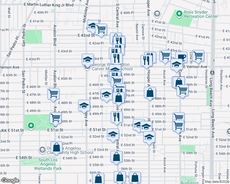map of restaurants, bars, coffee shops, grocery stores, and more near 4625 South Central Avenue in Los Angeles