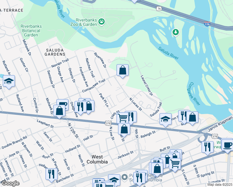 map of restaurants, bars, coffee shops, grocery stores, and more near 800 North Lucas Street in West Columbia