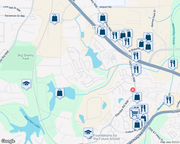 map of restaurants, bars, coffee shops, grocery stores, and more near 1914 Lakeshore Overlook Circle Northwest in Kennesaw