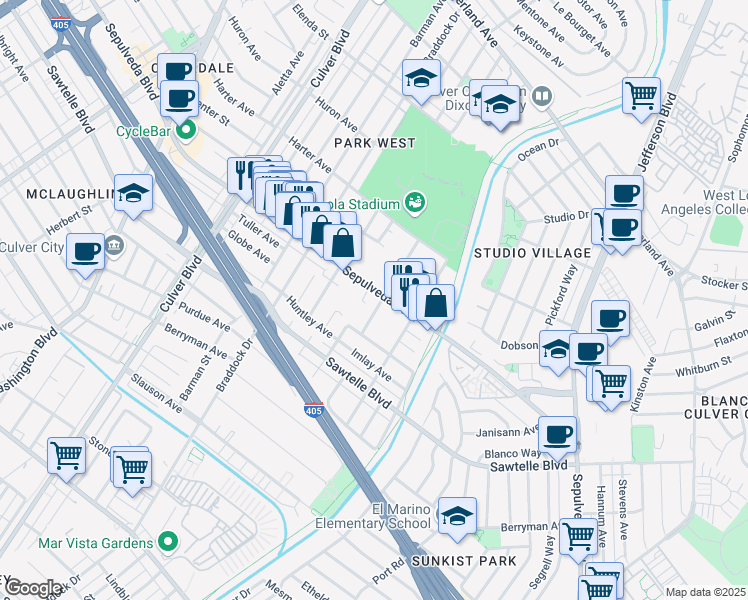 map of restaurants, bars, coffee shops, grocery stores, and more near 11222 Greenlawn Avenue in Culver City