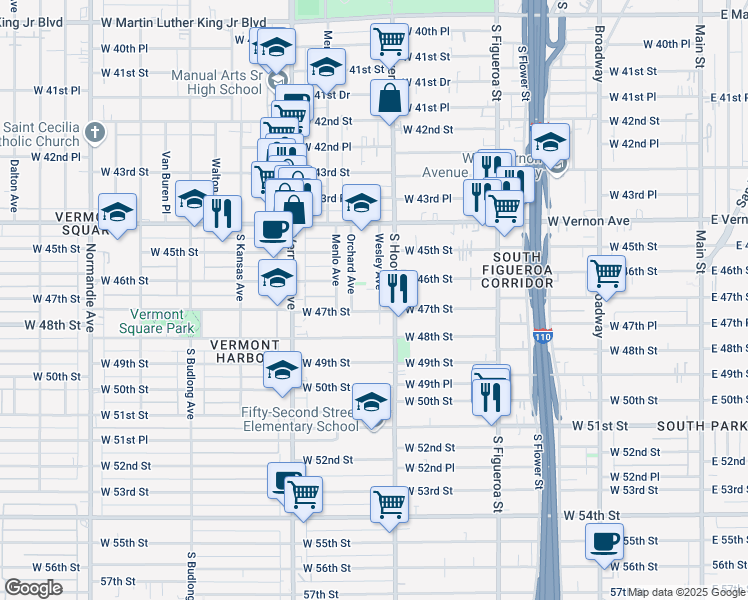 map of restaurants, bars, coffee shops, grocery stores, and more near 4621 Wesley Avenue in Los Angeles