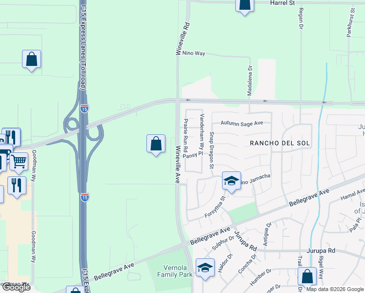 map of restaurants, bars, coffee shops, grocery stores, and more near 4863 Prairie Run Road in Jurupa Valley