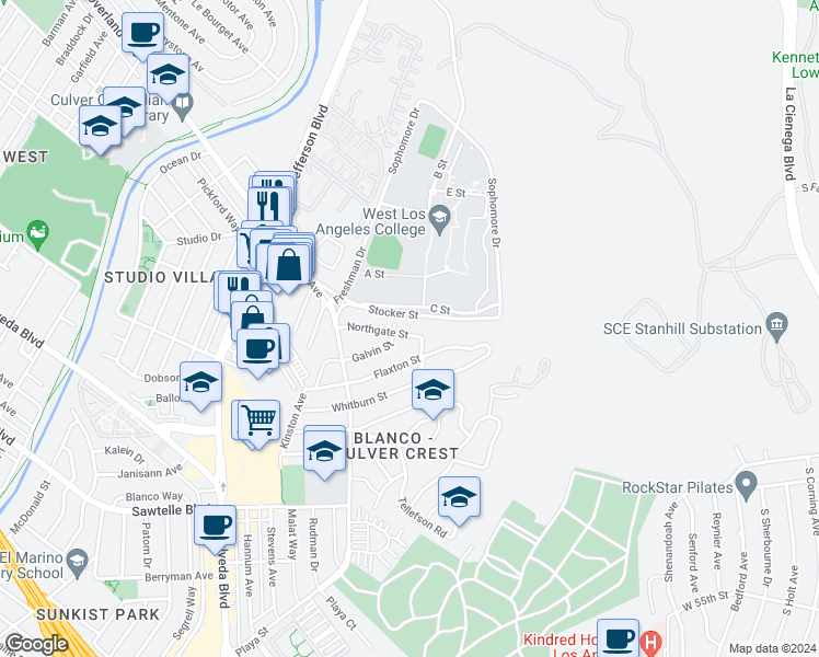 map of restaurants, bars, coffee shops, grocery stores, and more near 10719 Northgate Street in Culver City