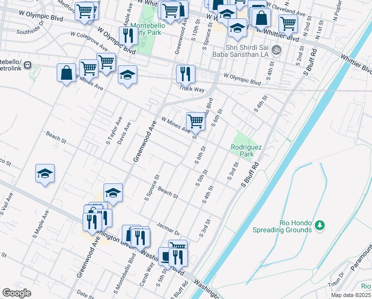 map of restaurants, bars, coffee shops, grocery stores, and more near 633 South Montebello Boulevard in Montebello