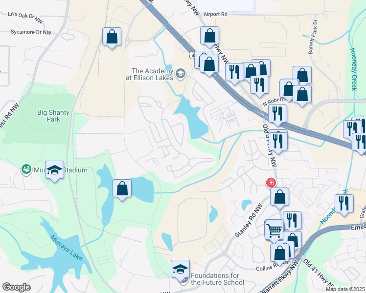 map of restaurants, bars, coffee shops, grocery stores, and more near 2100 Ellison Lakes Drive in Kennesaw