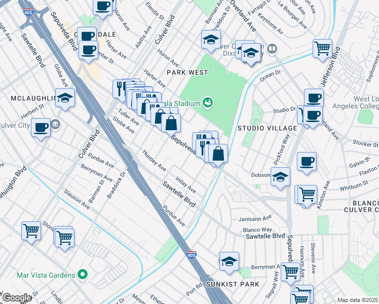 map of restaurants, bars, coffee shops, grocery stores, and more near 11211 Greenlawn Avenue in Culver City