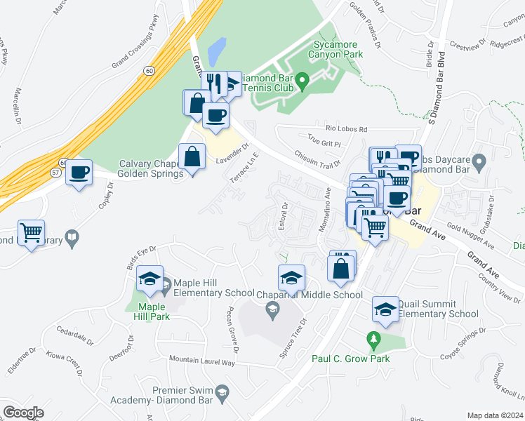 map of restaurants, bars, coffee shops, grocery stores, and more near 22809 Chardonnay Drive in Diamond Bar