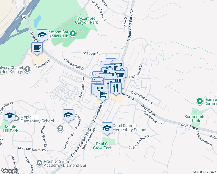 map of restaurants, bars, coffee shops, grocery stores, and more near Grand Avenue in Diamond Bar