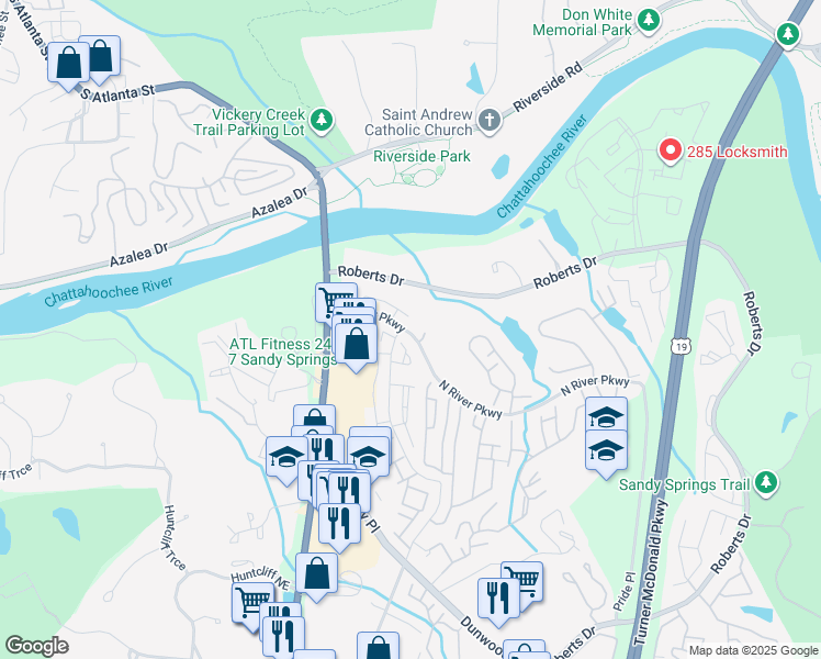 map of restaurants, bars, coffee shops, grocery stores, and more near 8845 North River Parkway in Atlanta