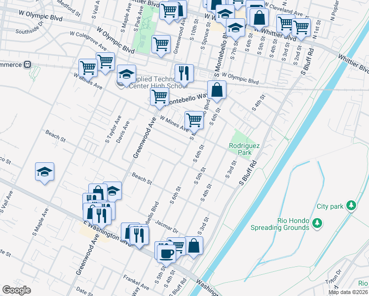 map of restaurants, bars, coffee shops, grocery stores, and more near 633 South Montebello Boulevard in Montebello