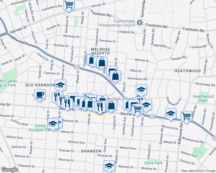 map of restaurants, bars, coffee shops, grocery stores, and more near 922 Sims Avenue in Columbia