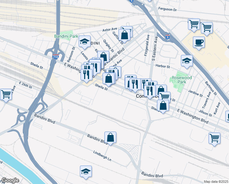 map of restaurants, bars, coffee shops, grocery stores, and more near 5341 Sheila Street in Commerce