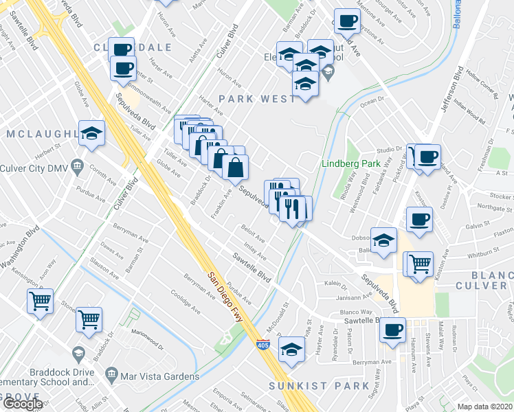 map of restaurants, bars, coffee shops, grocery stores, and more near 11222 Greenlawn Avenue in Culver City