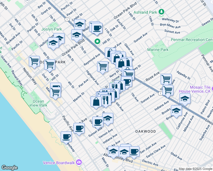 map of restaurants, bars, coffee shops, grocery stores, and more near 214 6th Avenue in Los Angeles