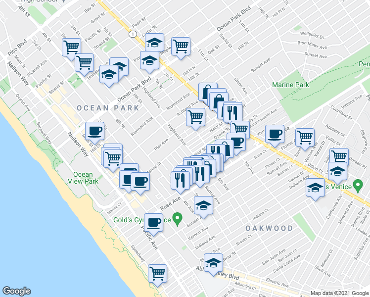 map of restaurants, bars, coffee shops, grocery stores, and more near 3129 6th Street in Santa Monica