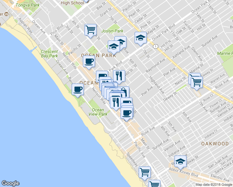 map of restaurants, bars, coffee shops, grocery stores, and more near 2823 2nd Street in Santa Monica