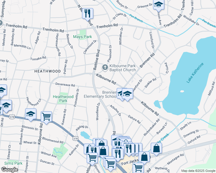 map of restaurants, bars, coffee shops, grocery stores, and more near 4328 Devereaux Road in Columbia
