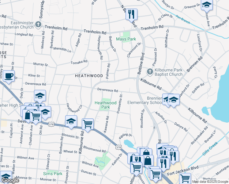 map of restaurants, bars, coffee shops, grocery stores, and more near 837 Kawana Road in Columbia